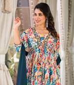 Designer Stylish Slim Georgatte Multi color Stitched Kurta, Pant and Dupatta set
