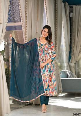 Designer Stylish Slim Georgatte Multi color Stitched Kurta, Pant and Dupatta set 2