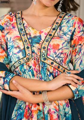 Designer Stylish Slim Georgatte Multi color Stitched Kurta, Pant and Dupatta set 4