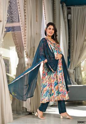 Designer Stylish Slim Georgatte Multi color Stitched Kurta, Pant and Dupatta set 5