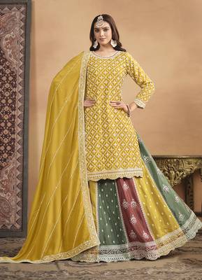 Embroidered chinon silk lehenga top in mustard 1
