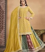 Embroidered chinon silk lehenga top in mustard