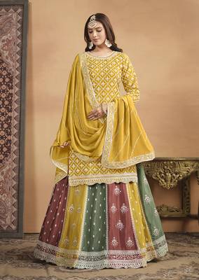 Embroidered chinon silk lehenga top in mustard 2