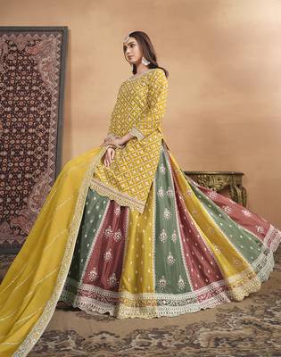 Embroidered chinon silk lehenga top in mustard 3