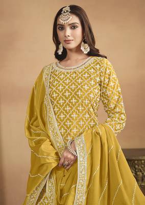 Embroidered chinon silk lehenga top in mustard 4