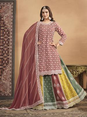 Embroidered chinon silk lehenga top in rust pink 1