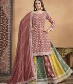 Embroidered chinon silk lehenga top in rust pink