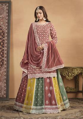 Embroidered chinon silk lehenga top in rust pink 2