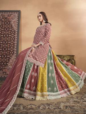 Embroidered chinon silk lehenga top in rust pink 3