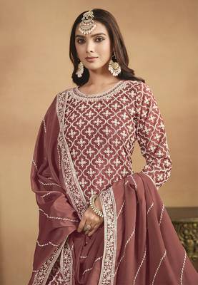 Embroidered chinon silk lehenga top in rust pink 4
