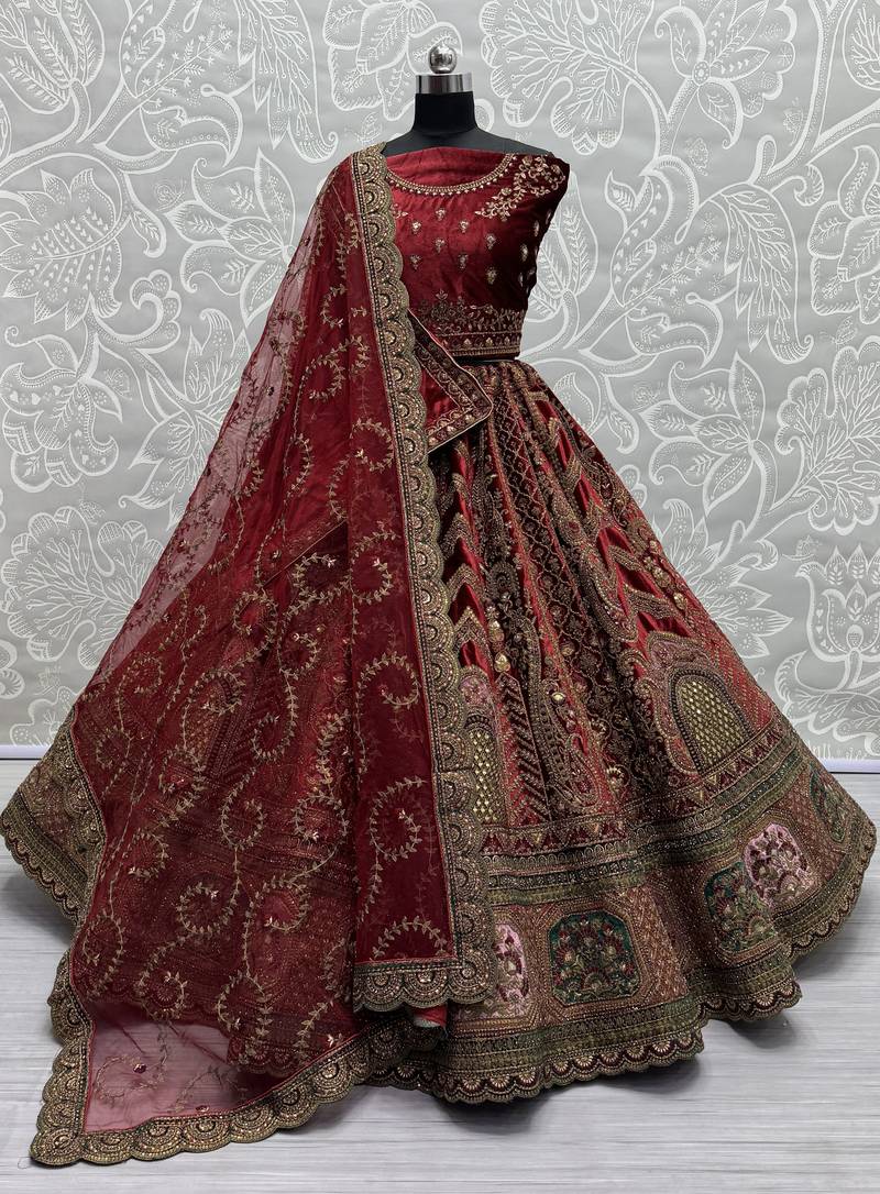 Indian Bridal Were Adorable Maroon Multi-Thread Work Velvet Bridal Wear Lehenga Choli - Kateshiya - 4328680 Indian Bridal Were Adorable Maroon Multi-Thread Work Velvet Bridal Wear Lehenga Choli - Kateshiya - 4328680