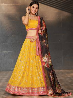  yellow sequins georgette haldi lehenga set choli with dupatta 1