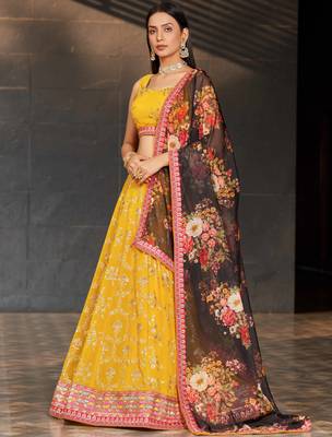  yellow sequins georgette haldi lehenga set choli with dupatta 2