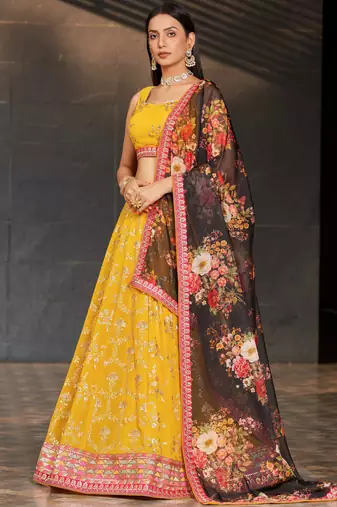  yellow sequins georgette haldi lehenga set choli with dupatta