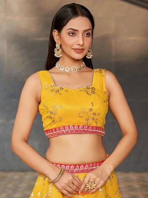  yellow sequins georgette haldi lehenga set choli with dupatta 3