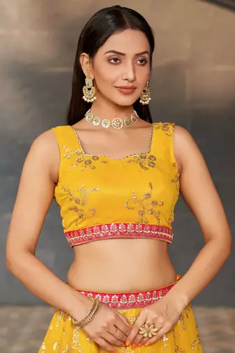  yellow sequins georgette haldi lehenga set choli with dupatta