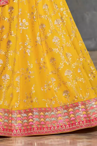  yellow sequins georgette haldi lehenga set choli with dupatta