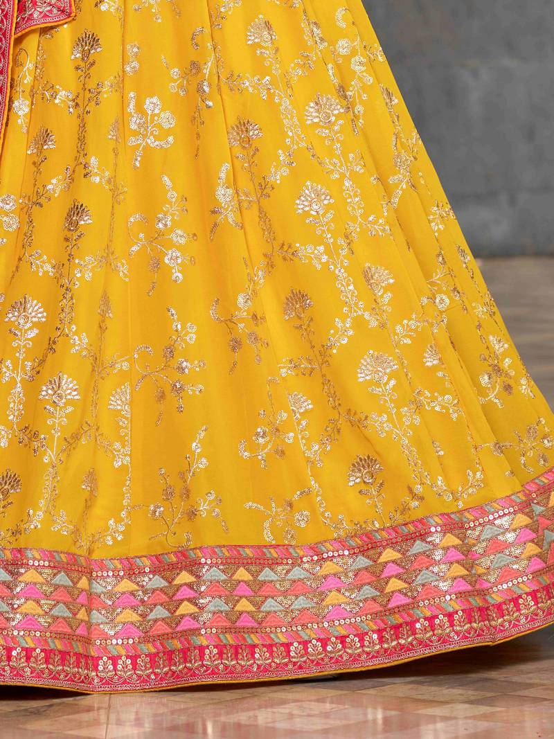 Astonishing Yellow Sequins Georgette Haldi Wear Lehenga Choli