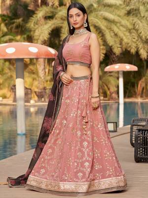 pink thread work georgette lehenga set choli with dupatta 1