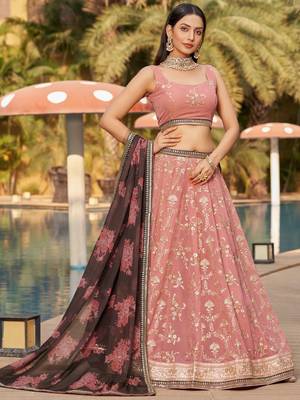pink thread work georgette lehenga set choli with dupatta 2
