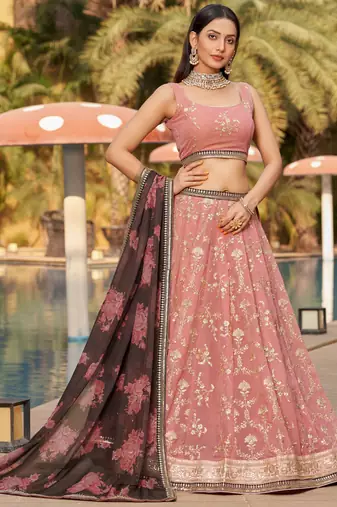 pink thread work georgette lehenga set choli with dupatta