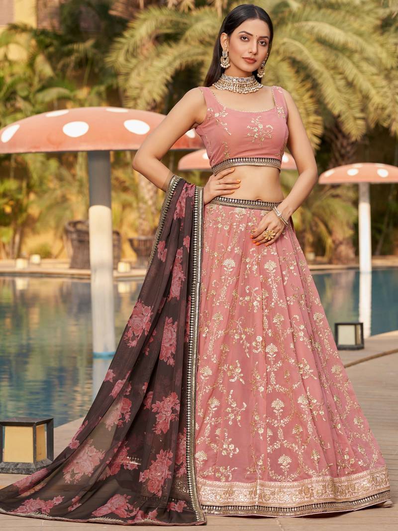 Wonderful Pink Thread Work Georgette Function Wear Lehenga Choli