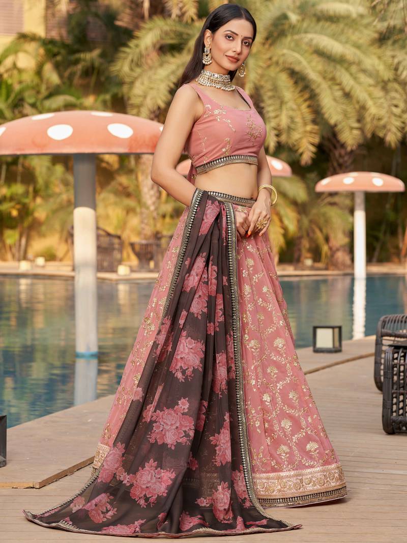 Wonderful Pink Thread Work Georgette Function Wear Lehenga Choli