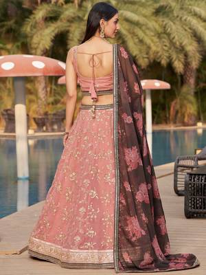pink thread work georgette lehenga set choli with dupatta 4
