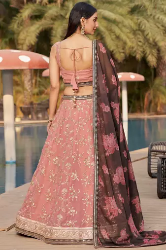 pink thread work georgette lehenga set choli with dupatta