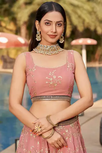 pink thread work georgette lehenga set choli with dupatta