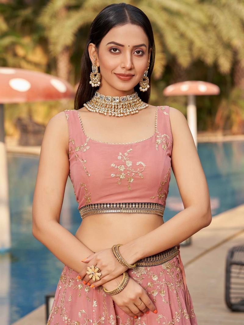 Wonderful Pink Thread Work Georgette Function Wear Lehenga Choli