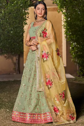light green georgette embroidered semi stitched lehenga set choli with dupatta