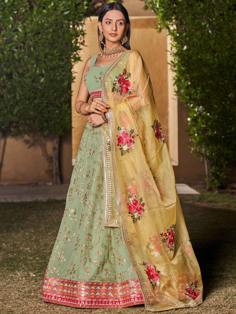 Light Green Georgette Embroidered Semi-Stitched Lehenga Choli 
