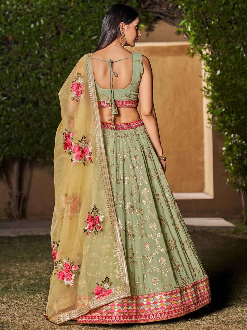 Light Green Georgette Embroidered Semi-Stitched Lehenga Choli 