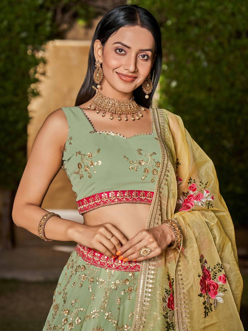 Light Green Georgette Embroidered Semi-Stitched Lehenga Choli 