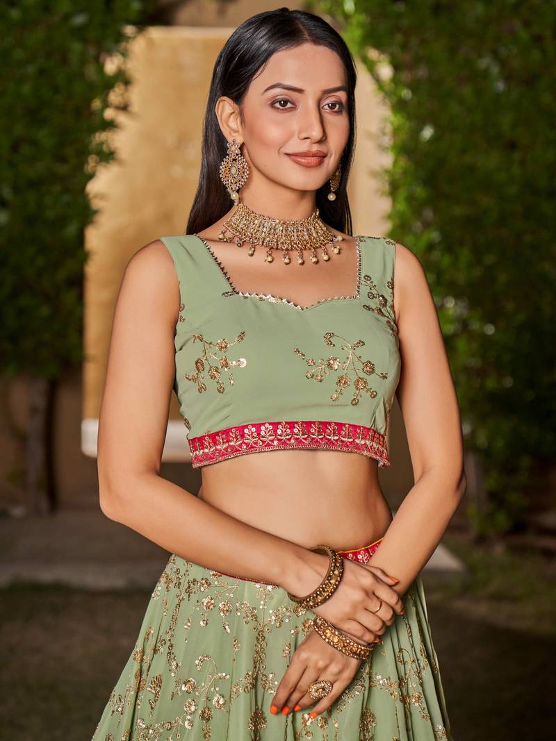 Light Green Georgette Embroidered Semi-Stitched Lehenga Choli 