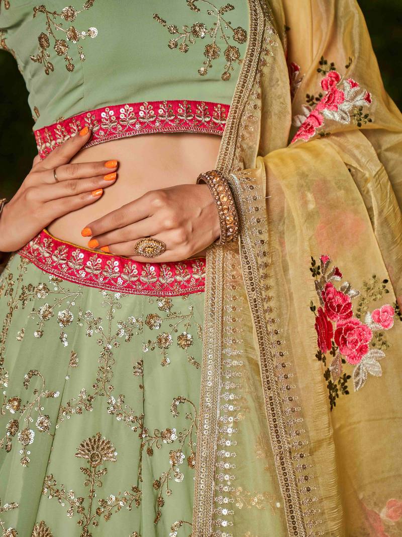 Light Green Georgette Embroidered Semi-Stitched Lehenga Choli 
