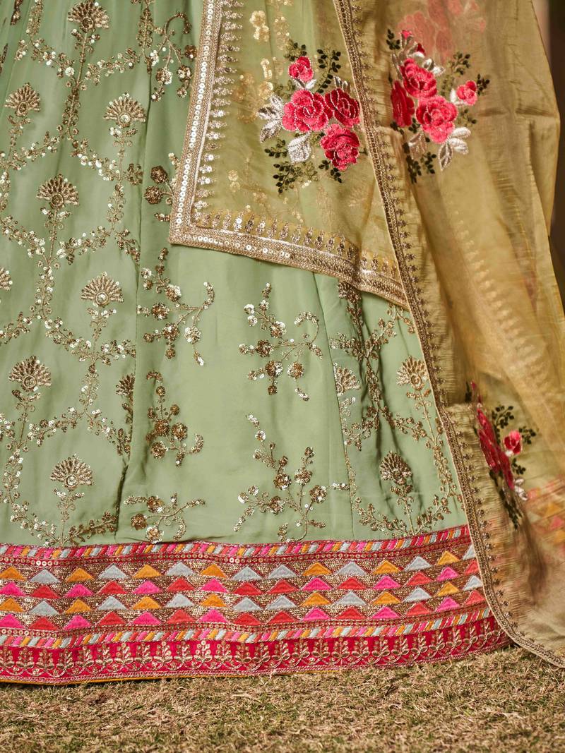 Light Green Georgette Embroidered Semi-Stitched Lehenga Choli 