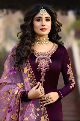 Purple Embroidered Georgette Salwar Free size full stitched Up To 42" Size 4