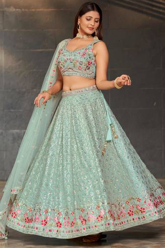 Awesome Sky-Blue Sequins Georgette Engagement Wear Lehenga Choli