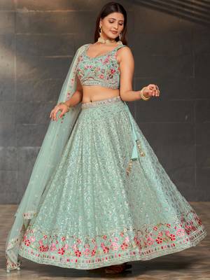 sky blue sequins georgette lehenga set choli with dupatta 1