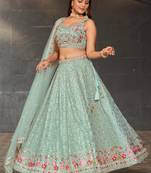 sky blue sequins georgette lehenga set choli with dupatta
