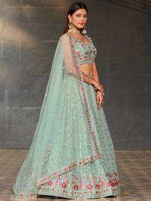 sky blue sequins georgette lehenga set choli with dupatta 2