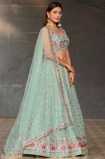 sky blue sequins georgette lehenga set choli with dupatta