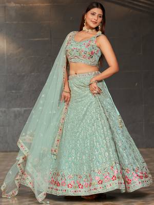 sky blue sequins georgette lehenga set choli with dupatta 3