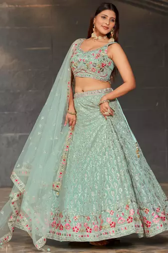 sky blue sequins georgette lehenga set choli with dupatta