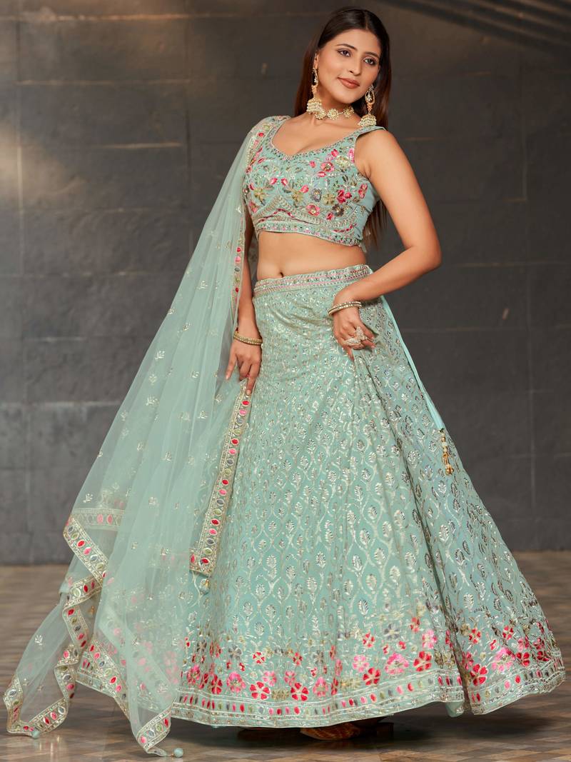 Awesome Sky-Blue Sequins Georgette Engagement Wear Lehenga Choli