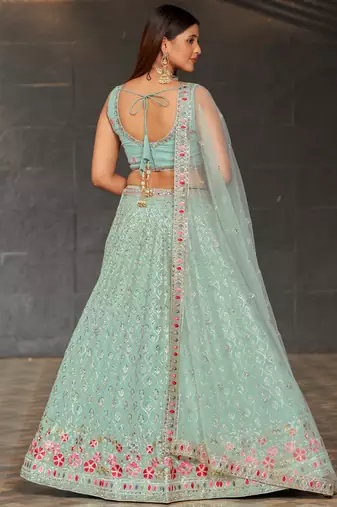 sky blue sequins georgette lehenga set choli with dupatta