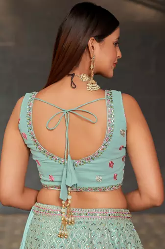 sky blue sequins georgette lehenga set choli with dupatta