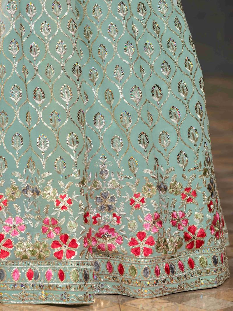 Awesome Sky-Blue Sequins Georgette Engagement Wear Lehenga Choli